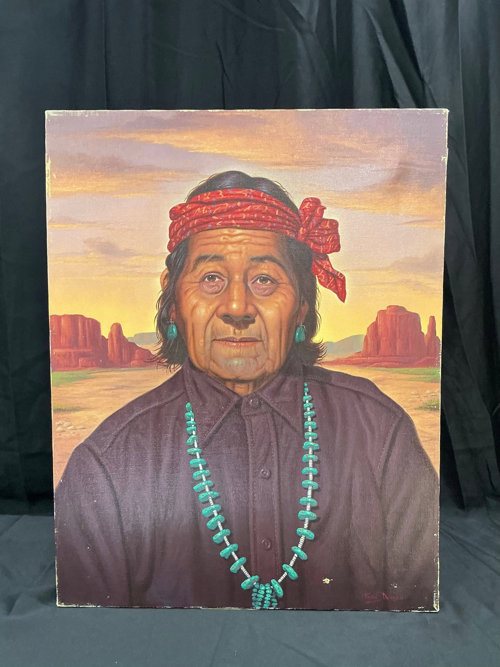 Fred Duran Hopi Portrait Oil Painting Southwestern Native Art: Original oil painting portrait attributed to Fred Duran depicting a Hopi subject adorned with turquoise jewelry against a Southwestern desert landscape backdrop. Large and visually striking