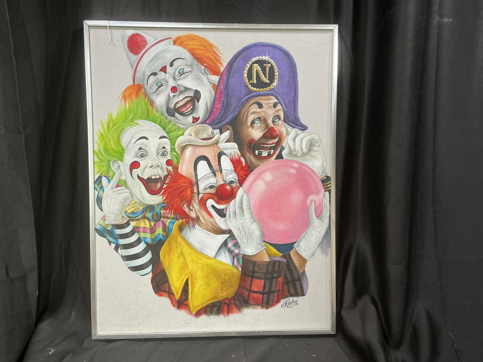 Signed Clown Group Portrait Painting 1979 by Rophar Returning Artwork: Framed painting depicting a lively group of expressive clowns in colorful costume, signed and dated 1979 by artist Rophar with inscription on verso. Features bold character work and vintage