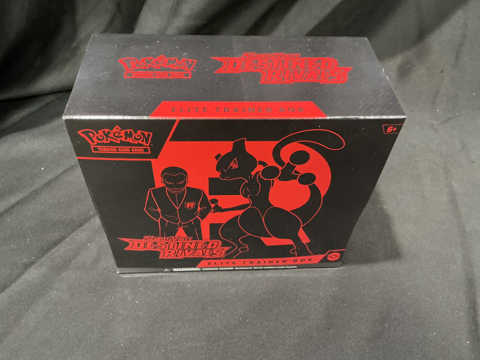 Pokemon Scarlet & Violet Destined Rivals Elite Trainer Box Sealed: Factory sealed Pokemon Scarlet & Violet Destined Rivals Elite Trainer Box featuring Team Rocket themed artwork with Mewtwo. Includes booster packs, promo card, sleeves, energy cards, dice, and