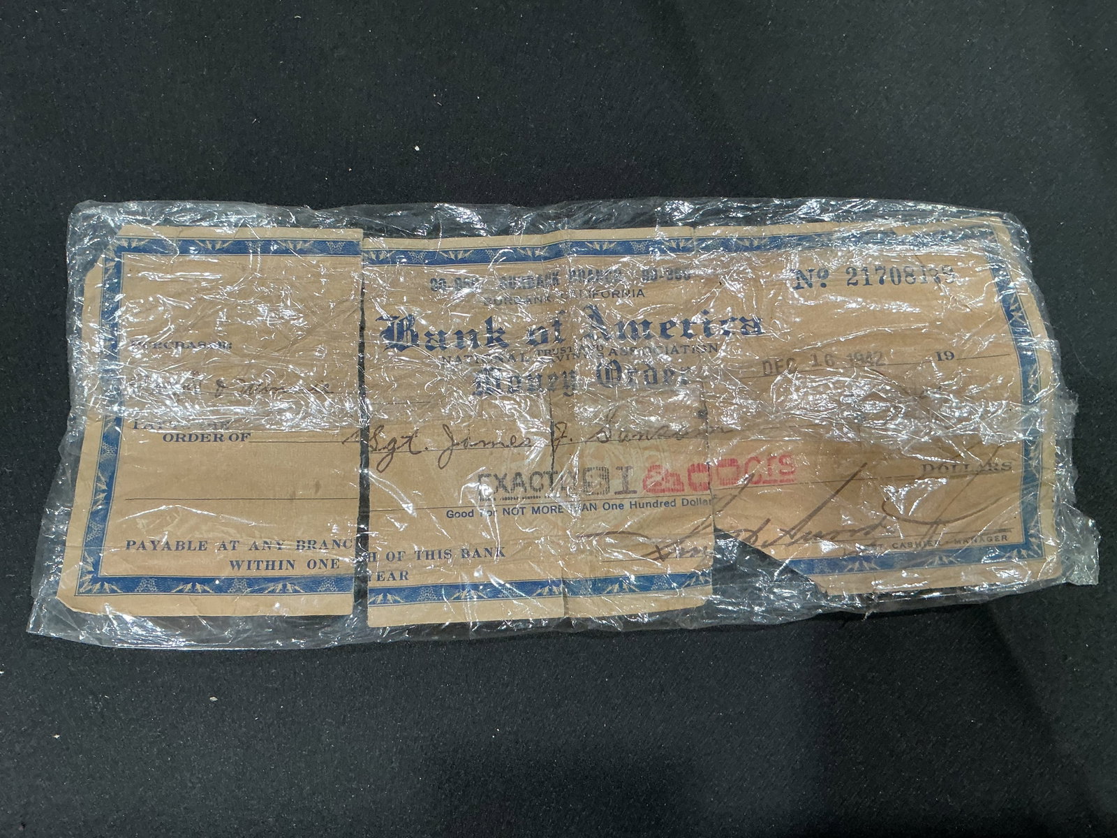 1942 Bank of America WWII Era Fragmented Check Display Piece (1 of 1)
