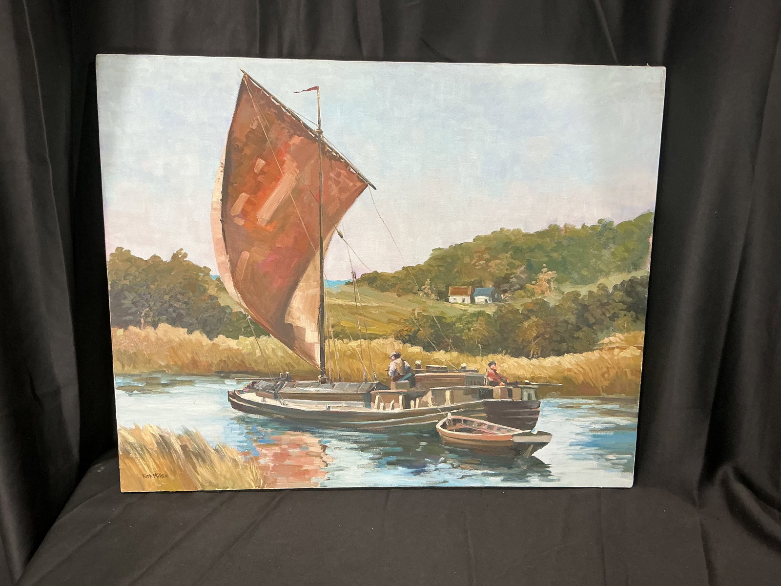 Kirk Miller Sailboat River Scene Oil Painting on Canvas: Back again after prior auction interest featuring an original sailboat river scene painting signed Kirk Miller. Depicts a large sailboat along a calm waterway with warm countryside tones and