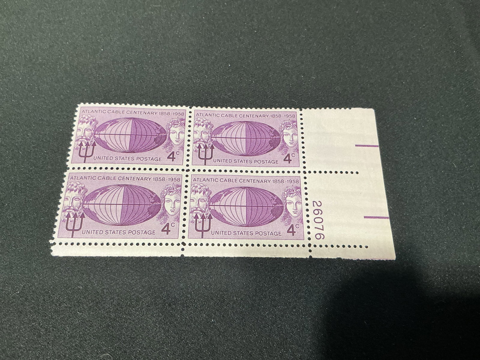 1958 Atlantic Cable Centenary US Postage Stamp Block: Back again after a prior auction appearance, this vintage United States postage stamp block commemorating the 1858-1958 Atlantic Cable Centenary issue. Attractive four-stamp block featuring globe and