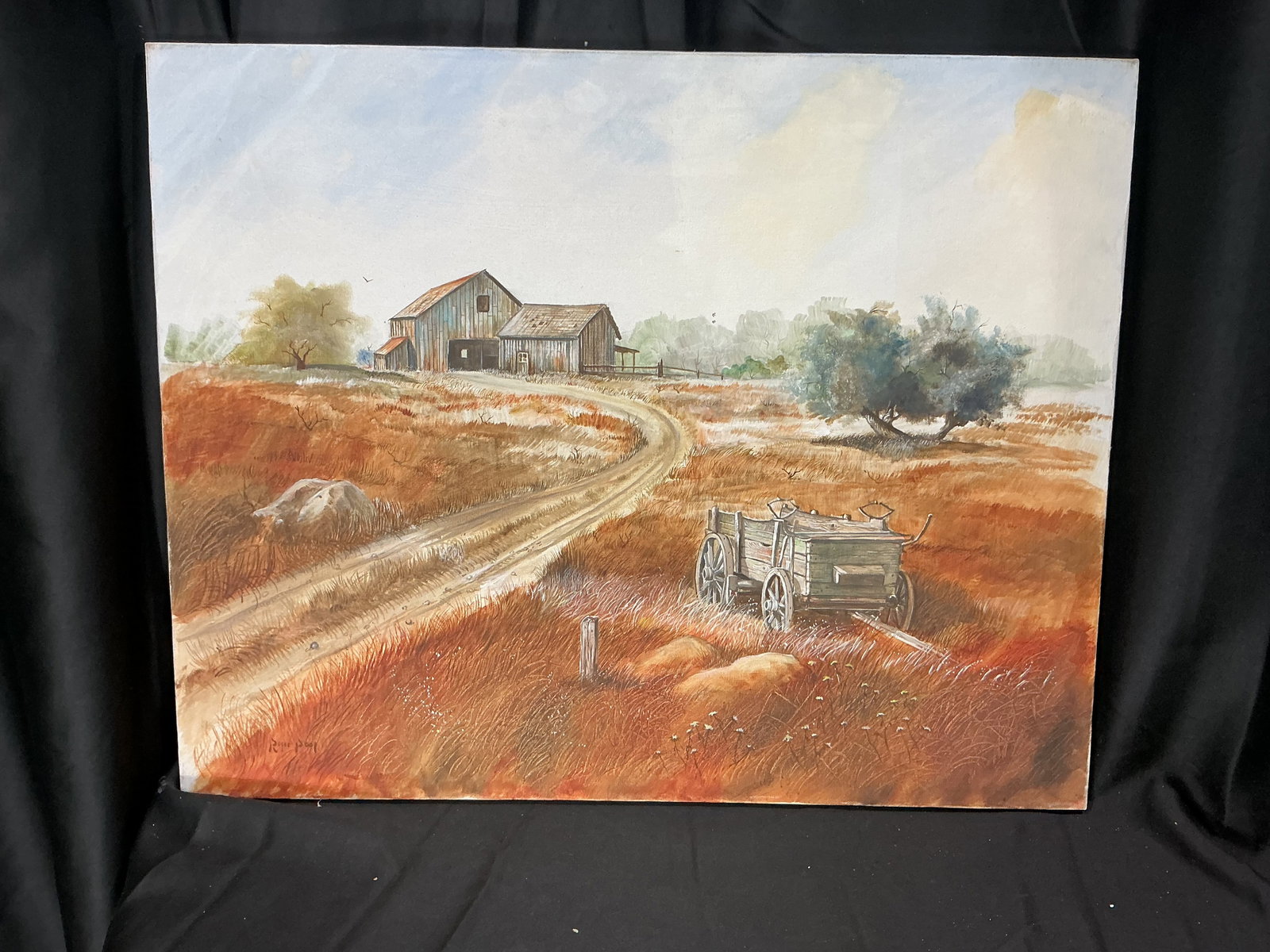 Roger Pool Signed Rural Farm Landscape Oil Painting on Canvas: Original signed landscape painting depicting a rural farmstead with winding country road, weathered barn structures, open field, and wagon. Warm earth-tone palette and pastoral Americana character mak