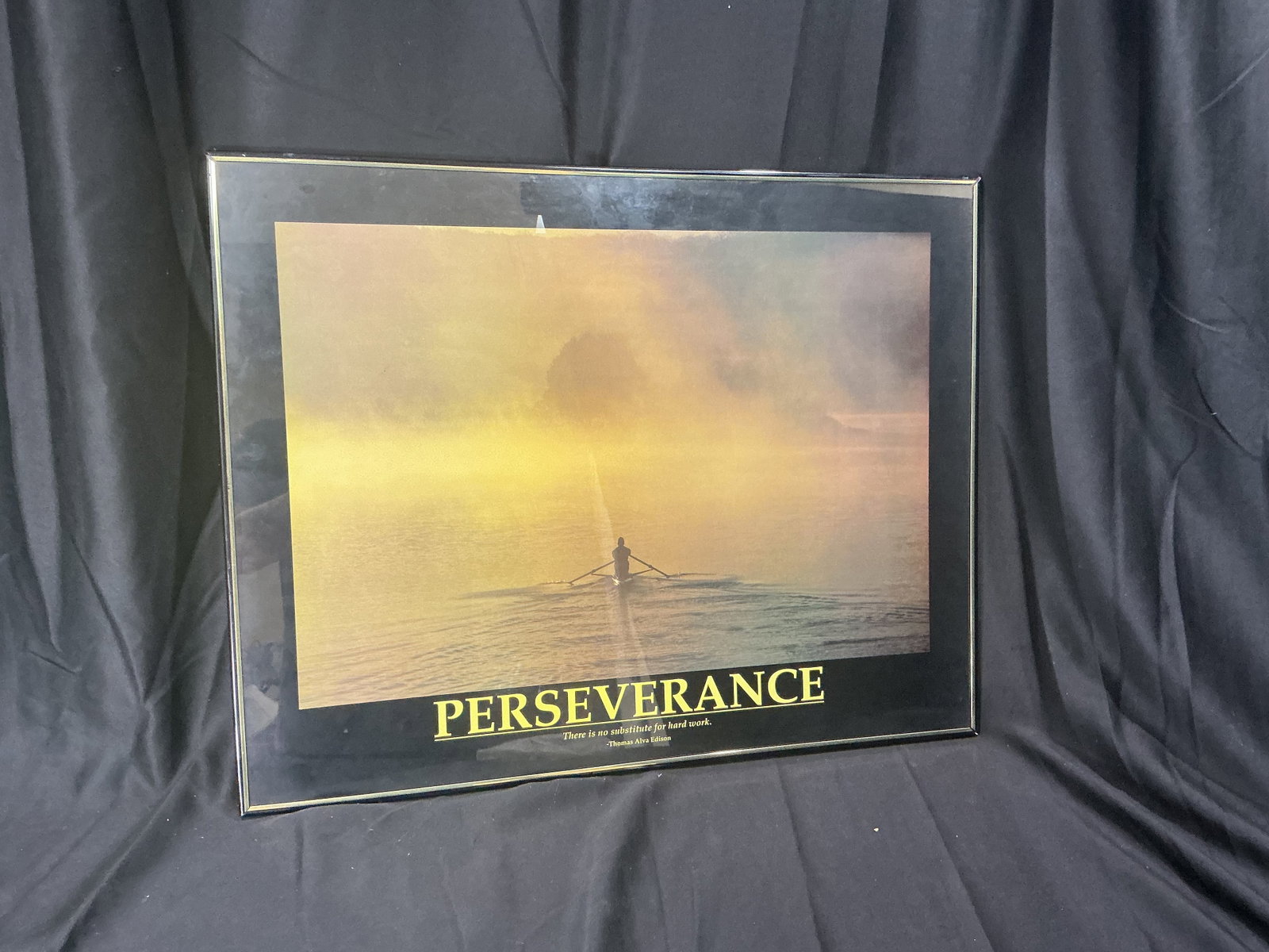 Perseverance Motivational Framed Wall Print: Framed motivational wall print titled 'Perseverance' featuring a lone rower on a misty lake with a Thomas Alva Edison quote. Classic office, study, classroom, or workspace decor with inspirational