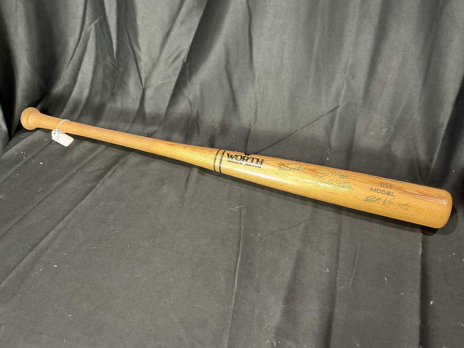 Multi-Signed Worth Baseball Bat: Hand-crafted Worth W5K model wooden baseball bat made in the USA featuring six signatures in blue marker, including Chris Snyder, Kevin Mears, Paula Rios, and Bob Veale, the former Pittsburgh Pirates