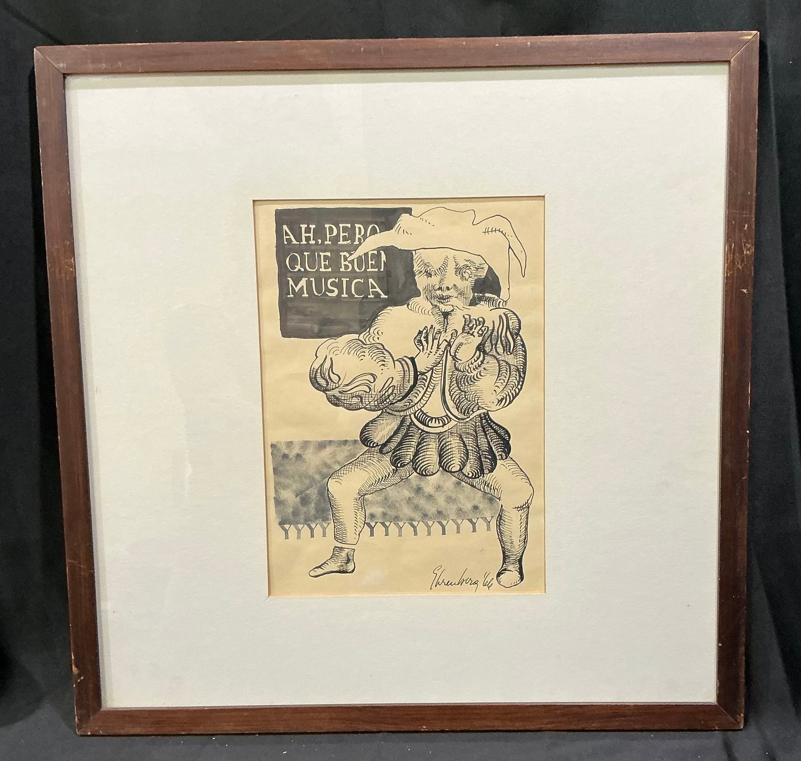 Mid-Century Musical Figure Drawings Pair: Returning offering featuring a pair of framed mid-century ink drawings depicting stylized musical figures with expressive line work and theatrical character. Signed and dated 1946, with European text