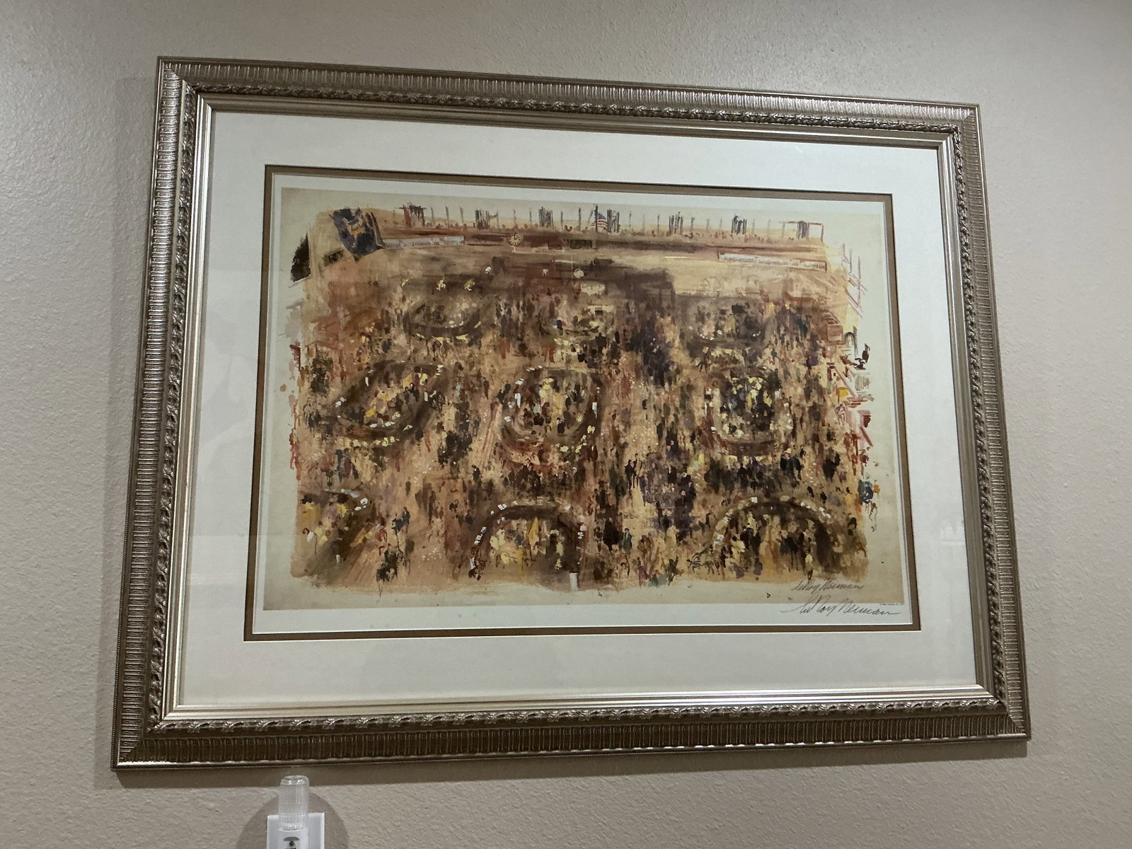 LeRoy Neiman 1977 New York Stock Market Print: Second-chance offering of a framed 1977 LeRoy Neiman print depicting a lively New York Stock Market crowd scene in the artist's signature energetic style. Noted prior-view generator returning after