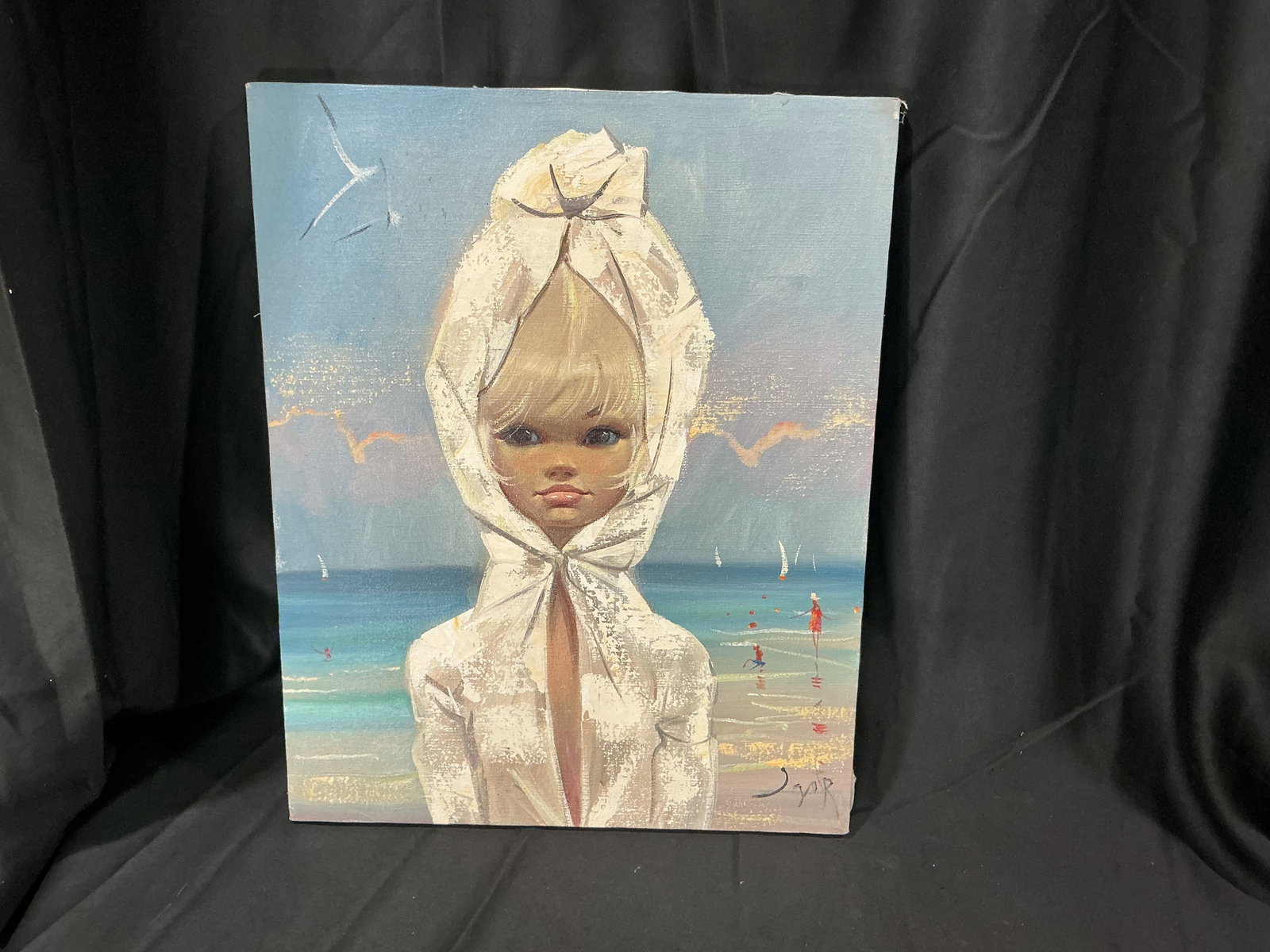 Igor Pantuhoff Beach Portrait Painting: Original painting attributed to Igor Pantuhoff depicting a blonde girl at the beach with sailboats in the background. Signed and labeled on stretcher. Mid-century modern appeal with strong decorative