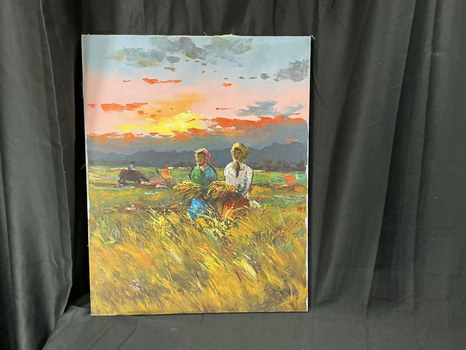 Signed Rural Harvest Landscape Oil Painting (1 of 3)
