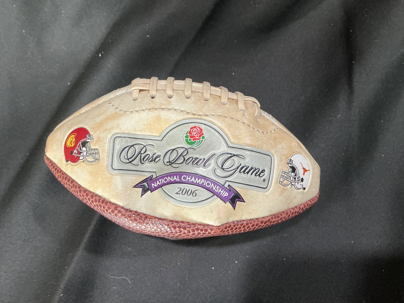 2006 mini Rose Bowl Football: Commemorative 2006 Rose Bowl Game National Championship football featuring USC vs Texas graphics and event branding. Includes handwritten markings as shown. Collectible college football championship