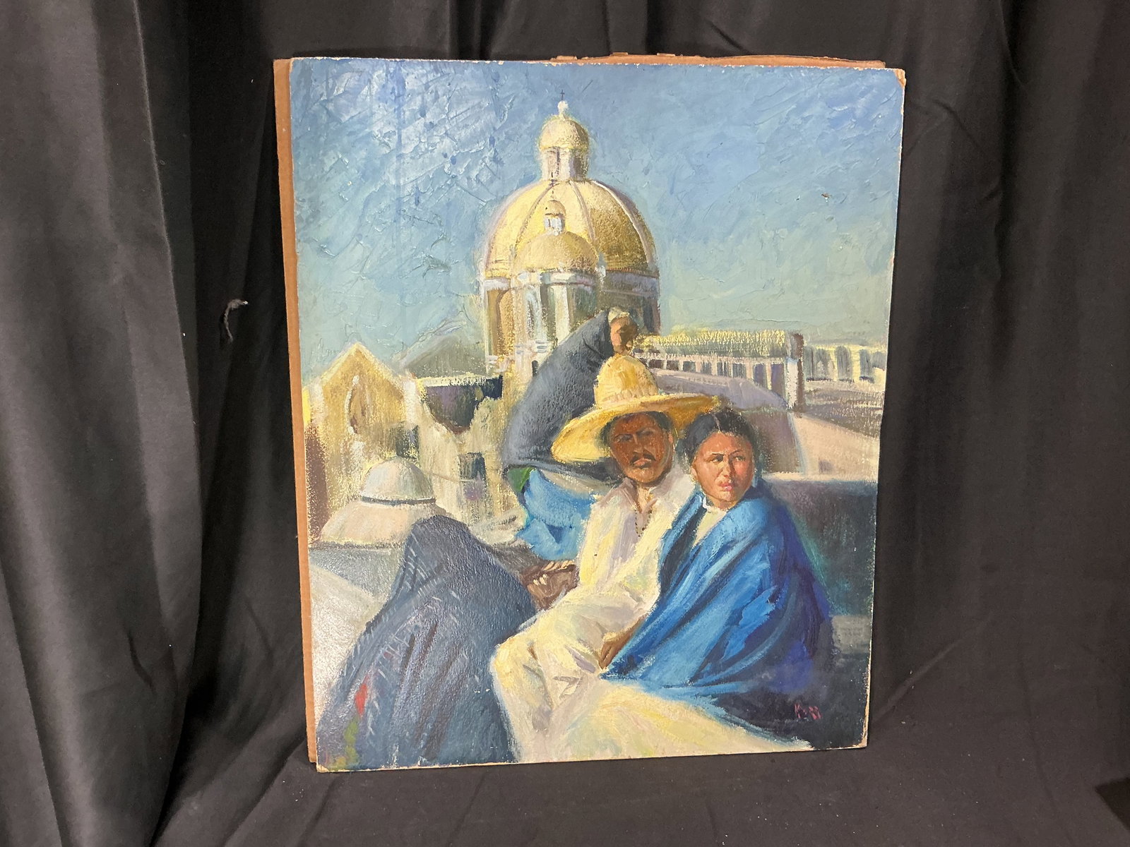 Guadalupe Couple Oil Painting: Original oil painting depicting a seated couple with architectural backdrop featuring a domed structure. Reverse references Virgin of Guadalupe. Strong figurative composition with cultural and