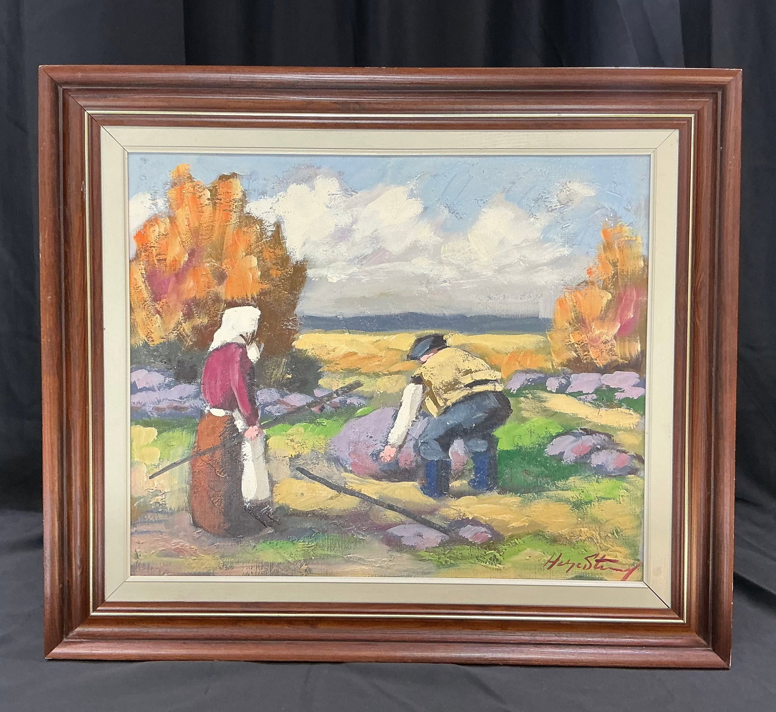 Helge Strand Framed Landscape Oil: Returning after a prior appearance, this framed oil painting by Helge Strand depicts two figures working in a colorful countryside landscape. Signed lower right and retaining the artist information