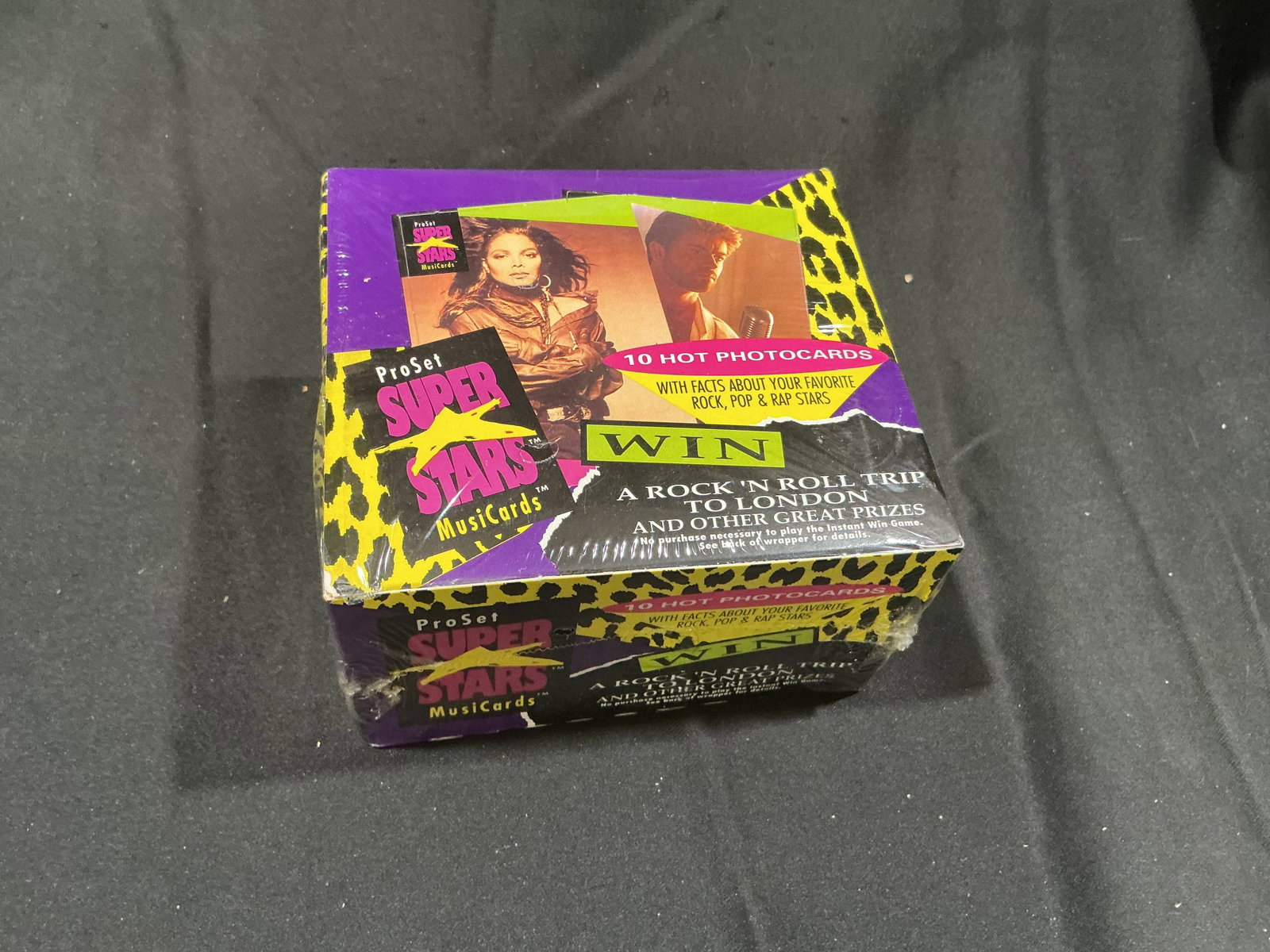 Pro Set Super Stars MusicCards Box: Factory sealed Pro Set Super Stars MusicCards trading card box featuring rock, pop, and rap music stars with 10 hot photocards per pack. Includes the original promotional instant win offer packaging