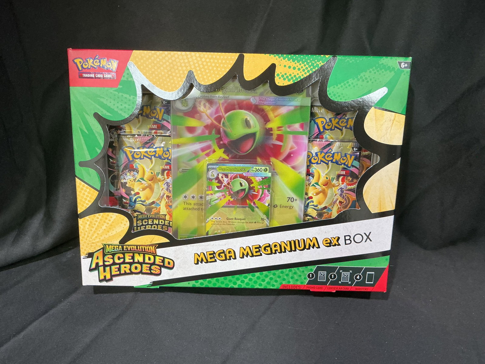 Mega Meganium ex Collector Box: Showcasing the Johto Grass-type starter, this factory sealed Pokemon Mega Evolution Ascended Heroes Mega Meganium ex Collector Box includes four booster packs, an oversized lenticular promo card, and