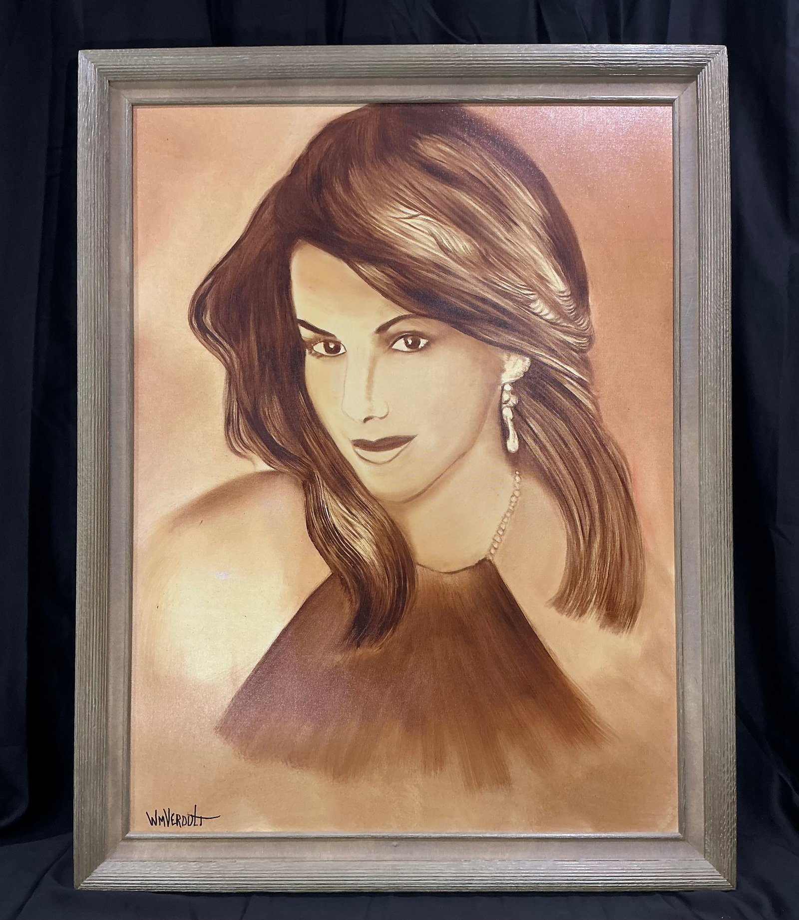 Verdult Portrait Oil Painting Framed “Eager soul”: Framed original portrait oil painting by Verdult depicting an elegantly dressed woman in warm sepia tones. Signed lower left and retaining artist notation on the reverse. An attractive decorative port