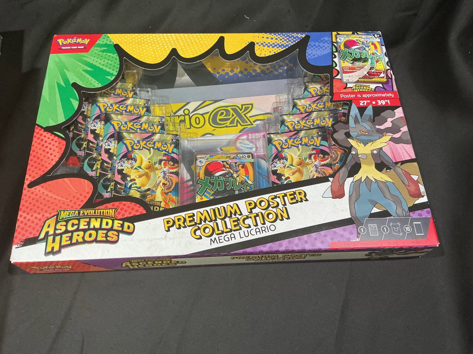 Mega Lucario Poster Collection: Mega Lucario takes the spotlight once more in this sealed Pokemon Mega Evolution Ascended Heroes Premium Poster Collection. Inside are a Mega Lucario promo card, booster packs, an oversized collector
