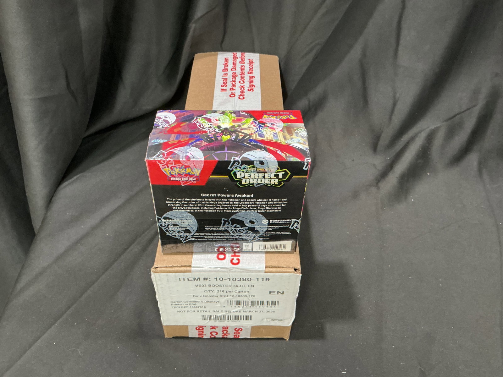 Perfect Order Booster Bundle Case: First time ever in our auctions, factory sealed Pokemon Mega Evolution Perfect Order booster bundle shipping case containing 216 booster bundles. The individual booster bundle box shown is for display
