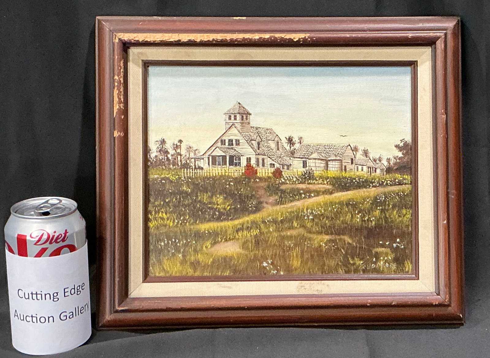 R. P. Moore Farm Landscape Painting: A signed framed rural landscape painting depicting a farmhouse and outbuildings overlooking a grassy field beneath an open sky. Signed lower right by R. P. Moore and presented in a wood frame with