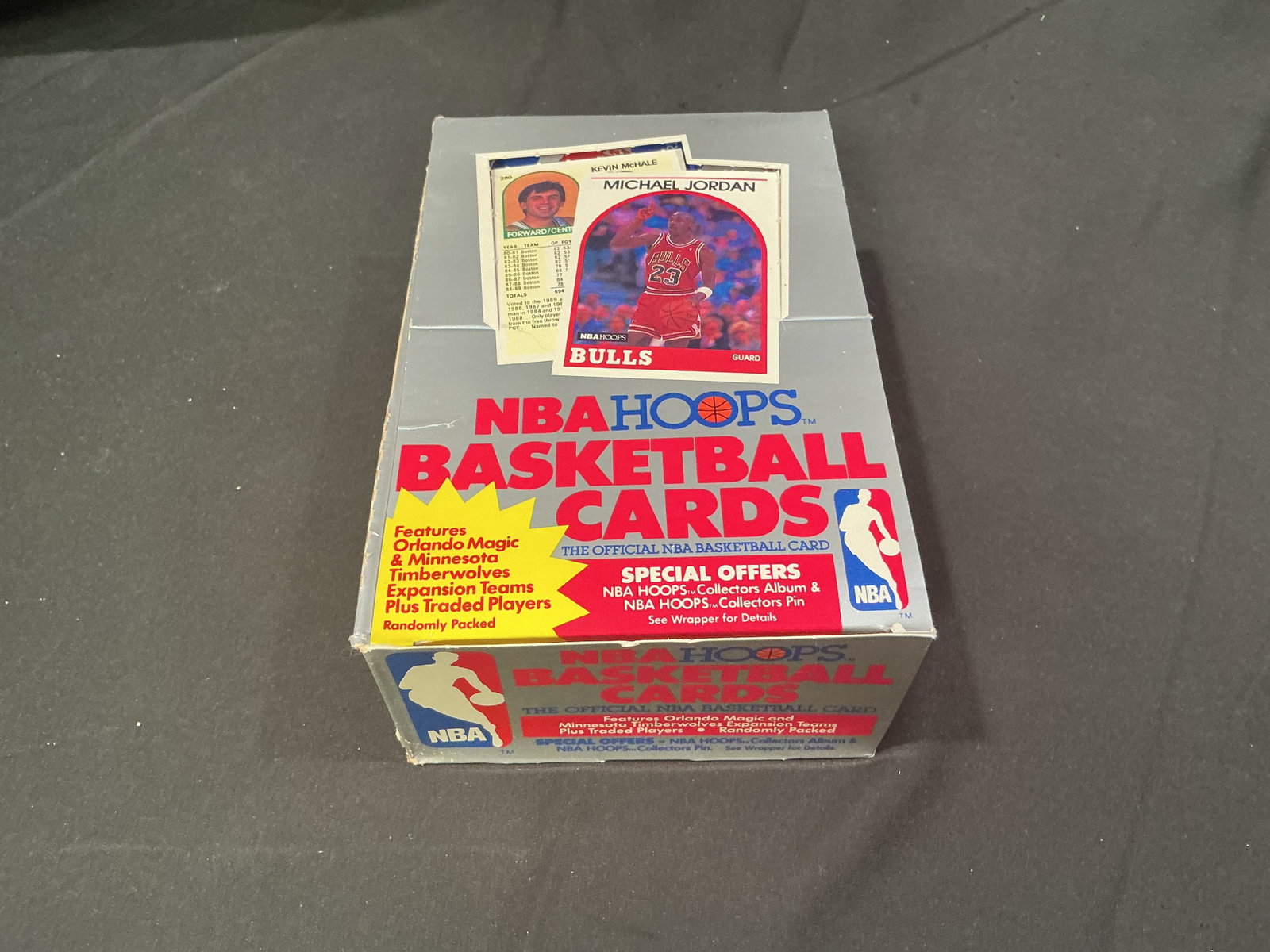 1990-91 NBA Hoops Sealed Card Box: Factory sealed 1990-91 NBA Hoops Basketball Cards retail box featuring Michael Jordan on the packaging. Includes unopened NBA Hoops packs from the inaugural Hoops release, making it an appealing seale