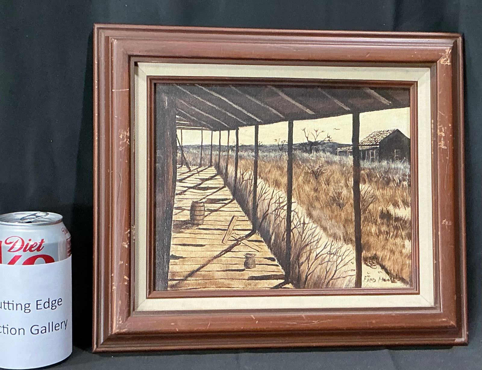 Fred Moore Rural Farm Painting: Original signed oil painting by Fred Moore depicting a weathered farmhouse porch overlooking an open rural landscape. Warm earth tones and strong perspective create an inviting Americana scene,
