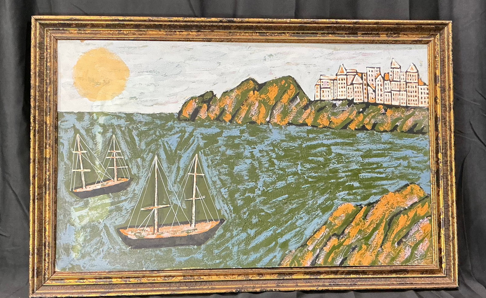 Signed Coastal Harbor Landscape: First time in our auctions, this framed coastal landscape painting depicts sailboats navigating a rocky shoreline beneath a hilltop estate. Executed in a bold, textured style with a visible artist