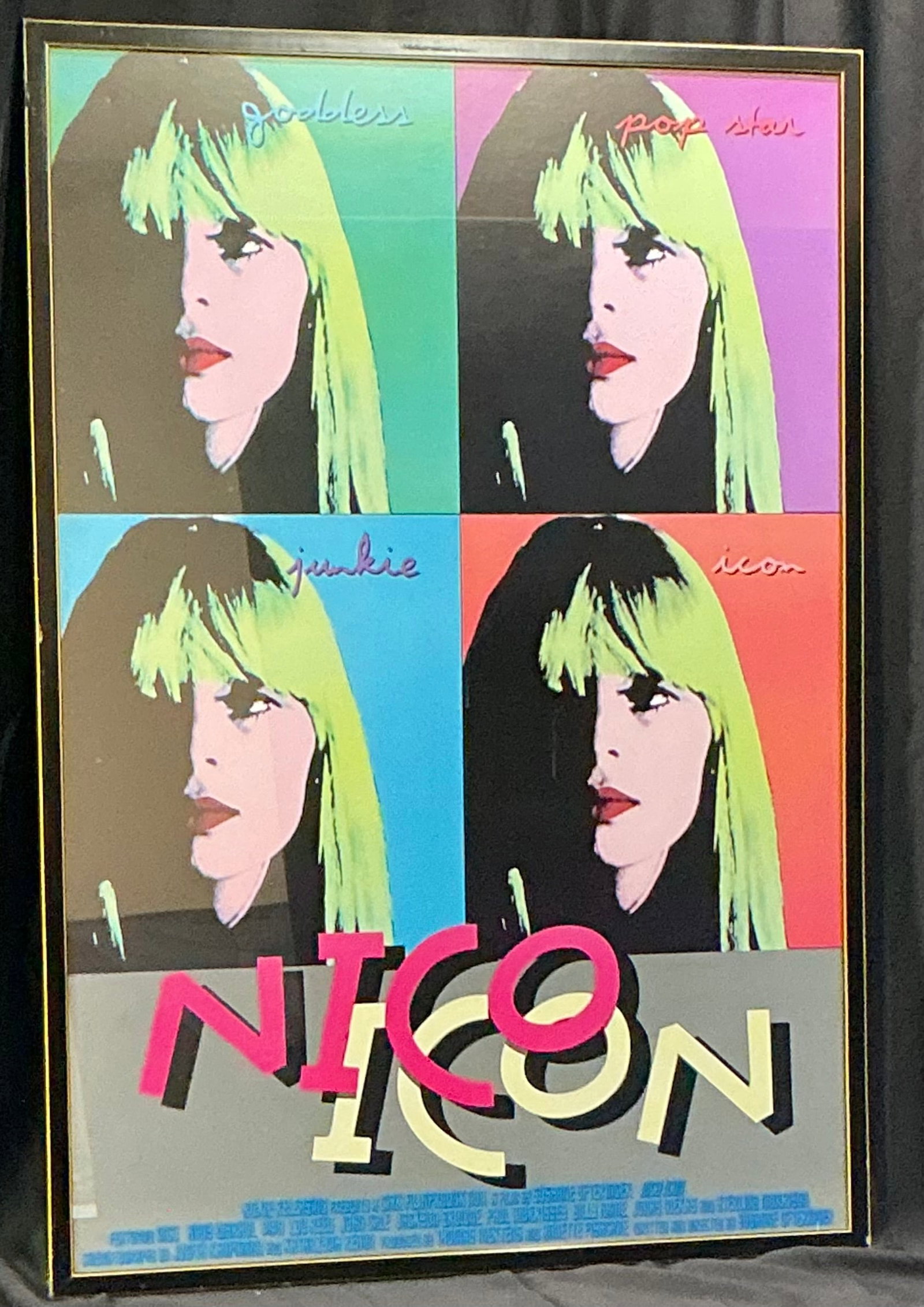 Framed 'Nico' Movie Poster: Framed promotional poster for the film 'Nico' featuring a striking four-panel pop art portrait design. The poster credits Nico, Andy Warhol, Lou Reed, John Cale, Jackson Browne, Paul Morrissey, Billy