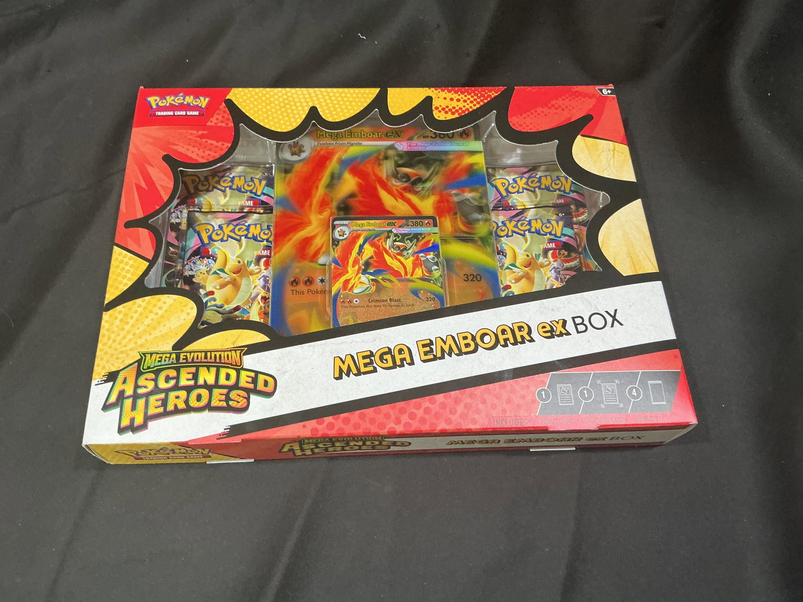 Mega Emboar EX Box Sealed: Returning to our auctions, this factory sealed Pokemon Mega Evolution Ascended Heroes Mega Emboar EX Box includes an oversized Mega Emboar EX promo card, a standard promo card, and multiple booster