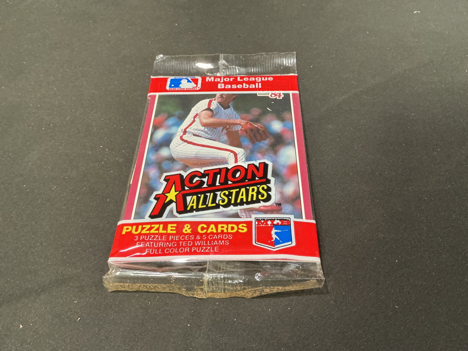 1984 Action All-Stars Baseball Pack: Factory sealed 1984 Action All-Stars Major League Baseball pack featuring a Philadelphia Phillies player on the front wrapper. Produced by Donruss, each pack contains five baseball cards and three