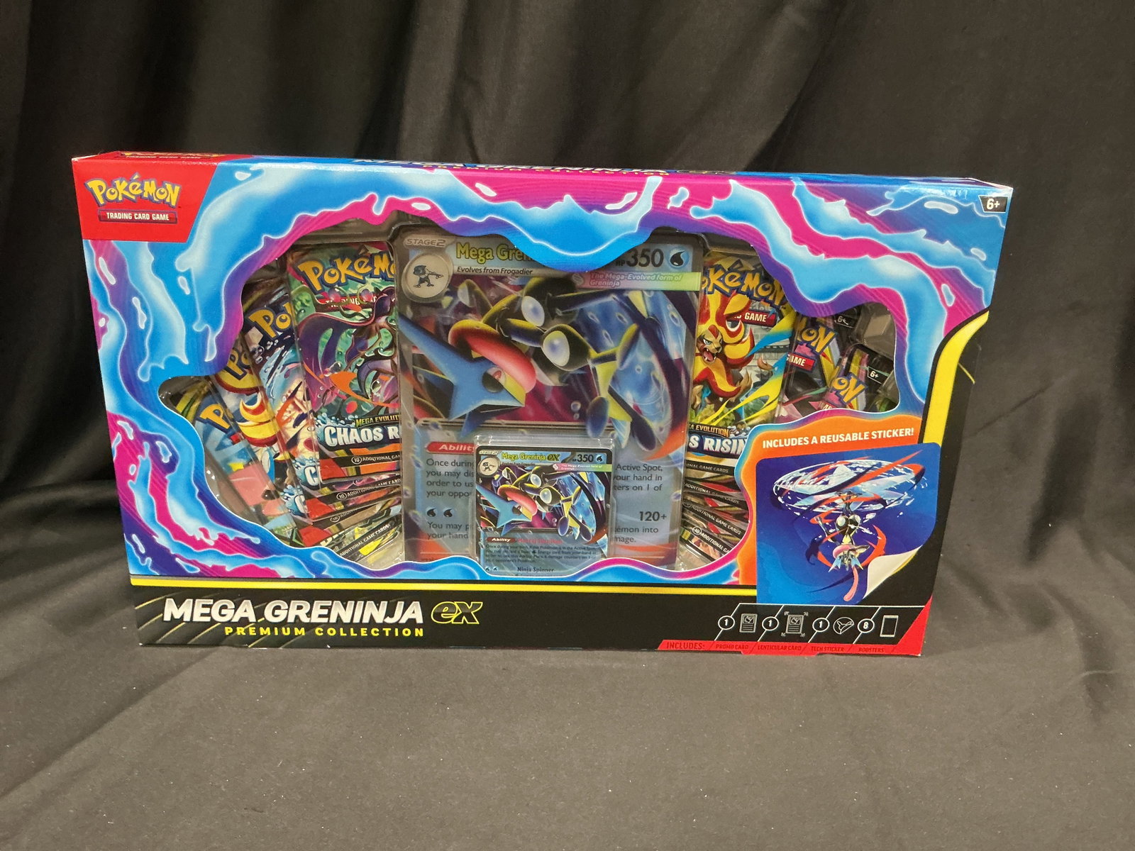 Mega Greninja ex Premium Collection: Making its final appearance to close out this auction, this factory sealed Pokemon Mega Evolution Mega Greninja ex Premium Collection features a Mega Greninja ex foil promo card, oversized lenticular 