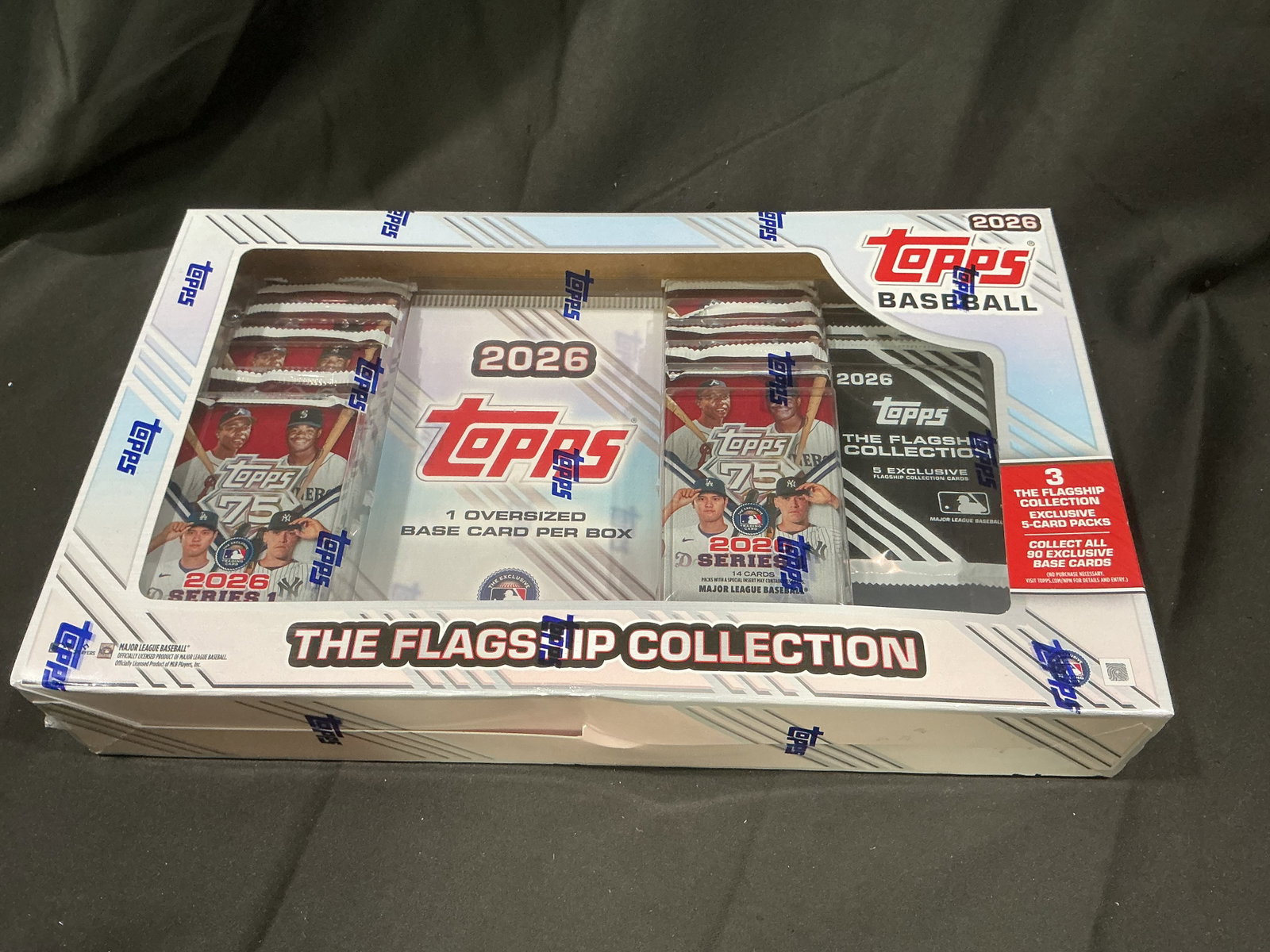 2026 Topps Flagship Collection: Returns after prior appearance, this factory sealed 2026 Topps Baseball Flagship Collection includes twelve Series 1 packs, three exclusive Flagship Collection 5-card packs, and one exclusive