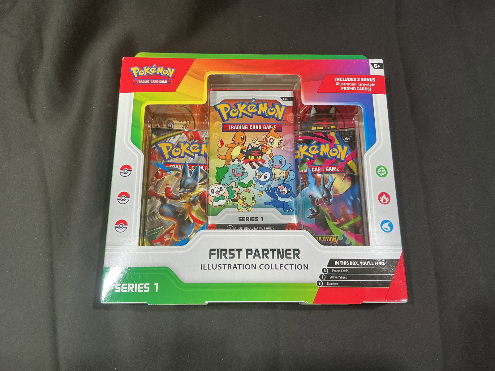 First Partner Pokemon Series 1: Another opportunity to pick up this sealed Pokemon First Partner Illustration Collection Series 1, containing three illustration rare-style promo cards, three booster packs, and a sticker sheet