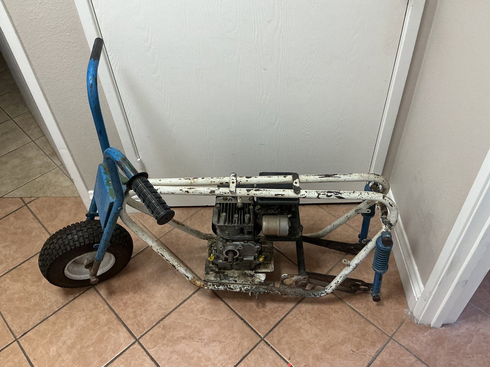 Vintage Bonanza Mini Bike Project: Offered again for vintage minibike enthusiasts, this authentic Bonanza mini bike project features the classic tubular frame, front suspension, front wheel, handlebars, and engine. A recognized name