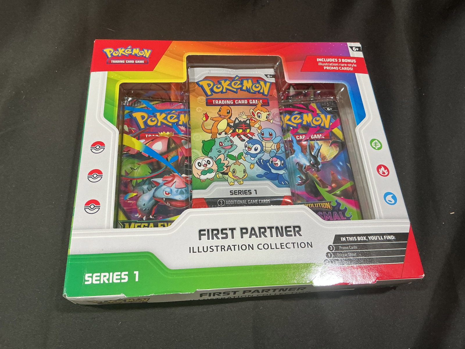 First Partner Pokemon Series 1: Another opportunity to pick up this sealed Pokemon First Partner Illustration Collection Series 1, containing three illustration rare-style promo cards, three booster packs, and a sticker sheet