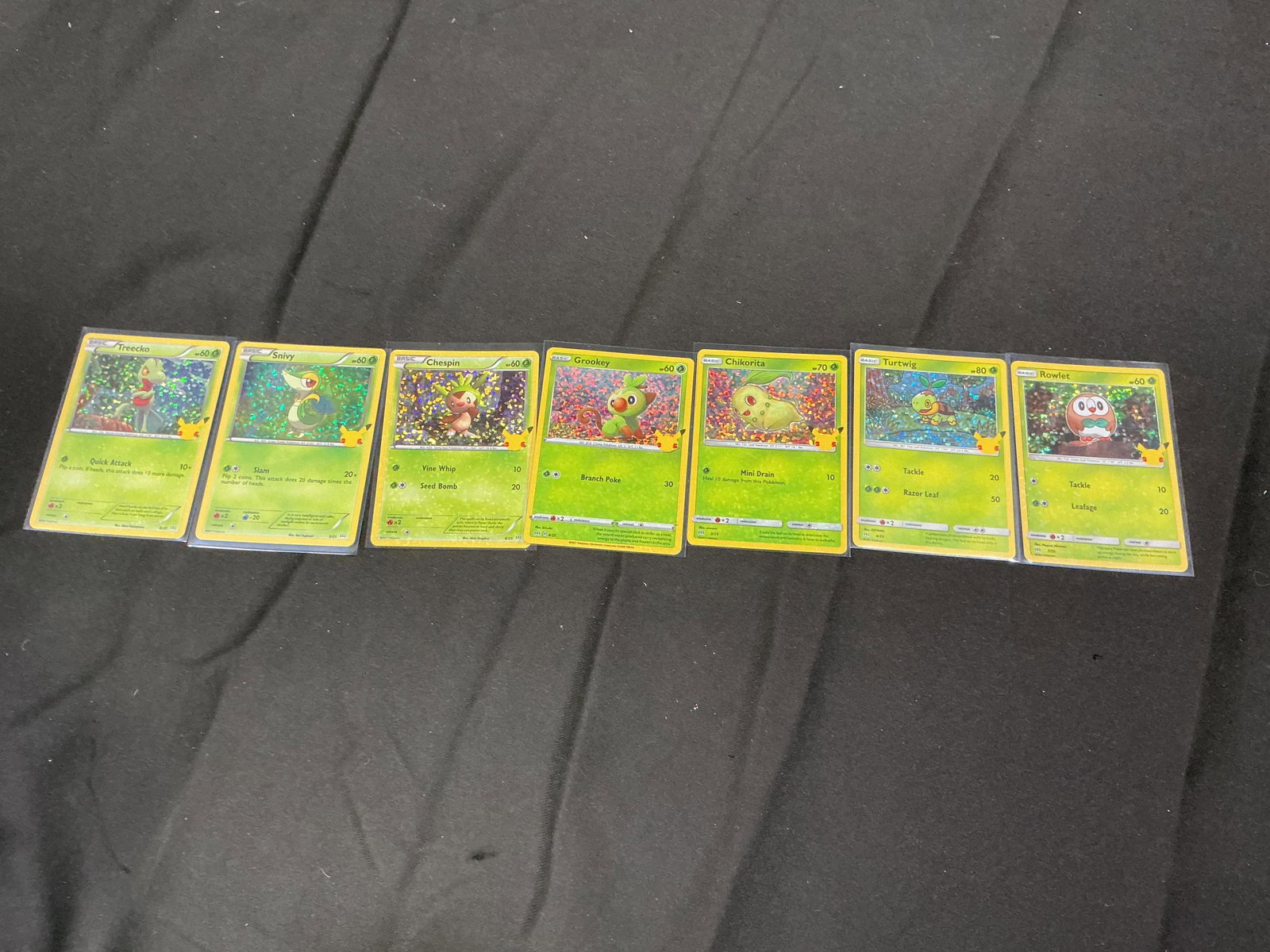Pokemon McDonald's Grass Holo Card Set: Returning for another opportunity, this themed grass starter collection features seven holographic Pokemon McDonald's 25th Anniversary promo cards: Treecko, Snivy, Chespin, Grookey, Chikorita, Turtwig