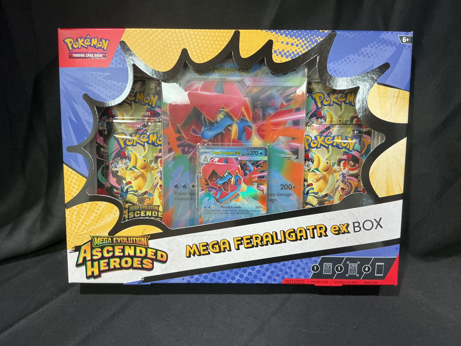 Mega Feraligatr ex Pokemon Box Sealed: Featured again, this factory sealed Pokemon Mega Evolution Ascended Heroes Mega Feraligatr ex Box highlights the Johto Water-type starter in Mega Evolution form. Includes a foil promo card, oversized