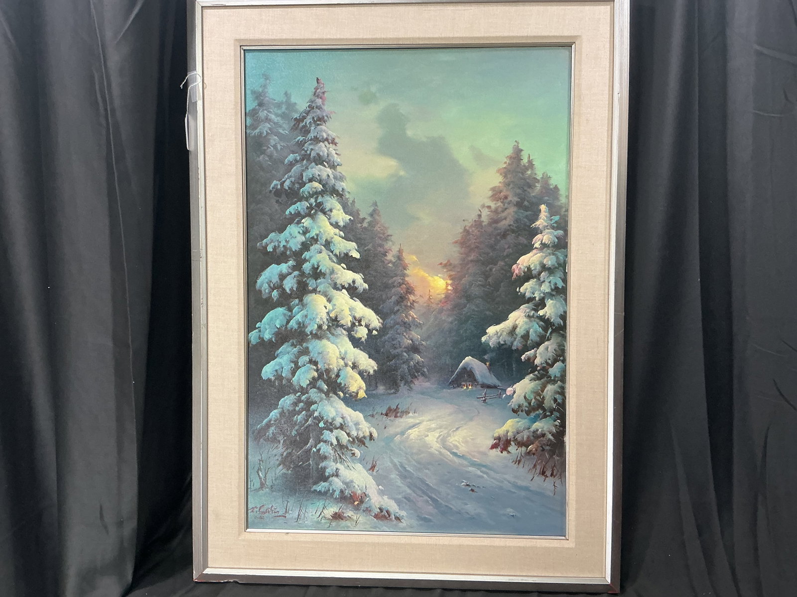Eugene Garin 1982 Winter Landscape: Returning for another opportunity, this original 1982 oil painting by Eugene Garin depicts a tranquil winter landscape with snow-covered trees, a winding path, and a warmly lit cabin in the distance b