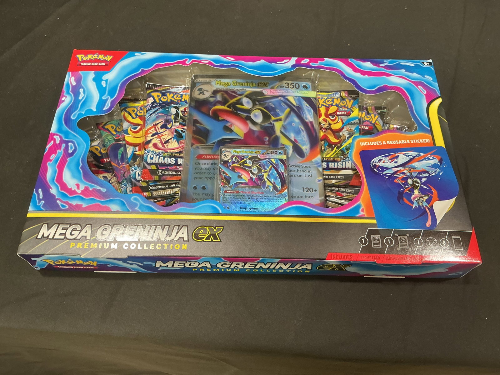 Mega Greninja ex Premium Box Sealed: Offered once more, this factory sealed Pokemon Mega Evolution Mega Greninja ex Premium Collection includes a Mega Greninja ex foil promo card, oversized lenticular display card, reusable tech