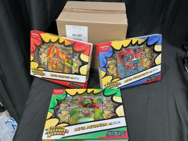 Pokemon Mega Evolution ex Box Sealed Factory Case: Featured again, this factory sealed Pokemon Mega Evolution ex Box factory case contains six assorted Mega Evolution ex Boxes. The factory assortment includes Mega Emboar ex, Mega Feraligatr ex, and