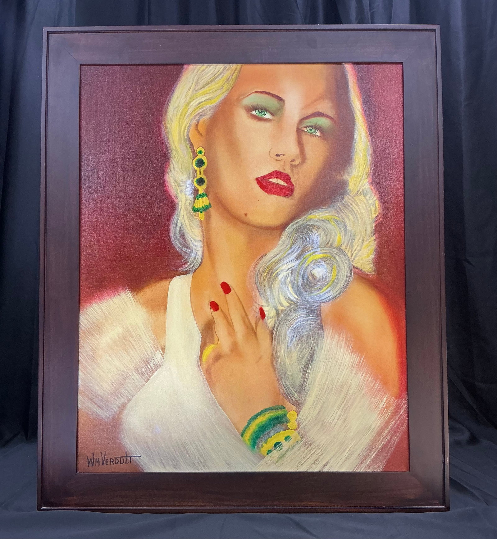 William Verdult Blonde Glamour Portrait Oil Painting: Making another appearance, this original William Verdult oil painting depicts an elegant blonde woman with striking green eyes, bold jewelry, and a rich crimson background. The vivid palette and