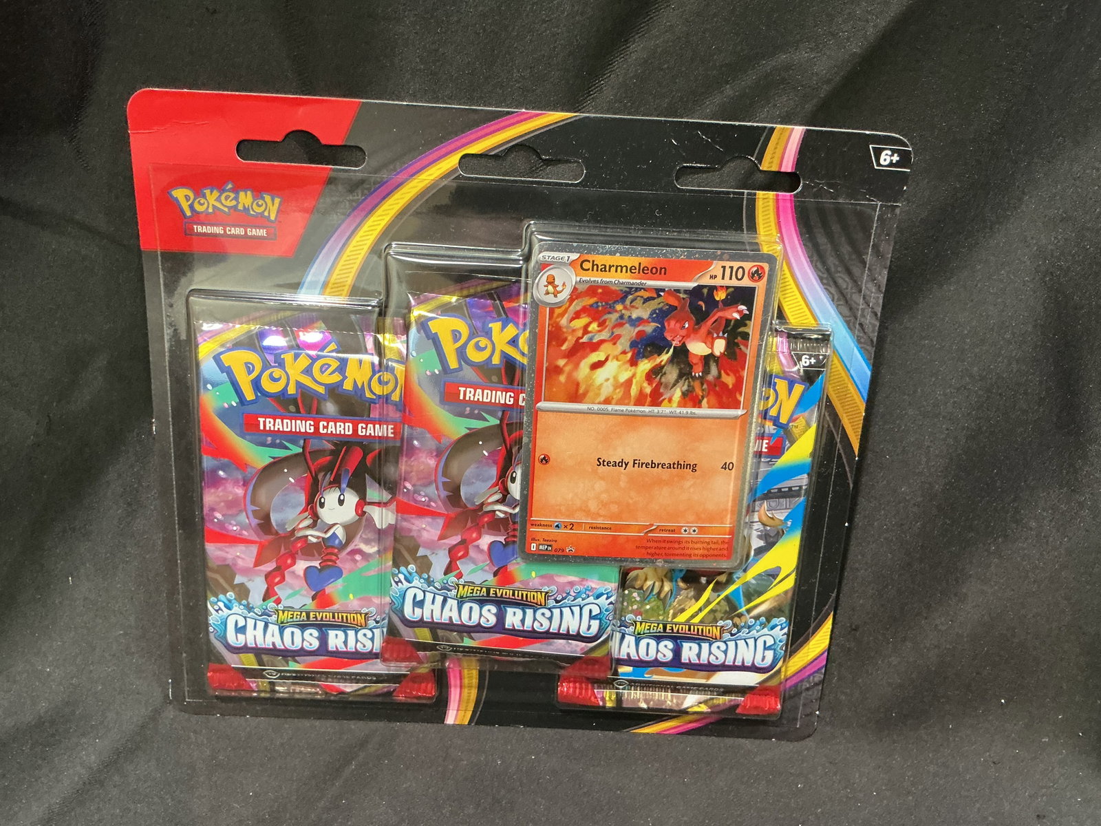 Pokemon Chaos Rising Charmeleon 3-Pack Blister: Making another appearance, this factory sealed Pokemon Mega Evolution Chaos Rising three-pack blister contains three Chaos Rising booster packs along with an exclusive Charmeleon foil promo card. The