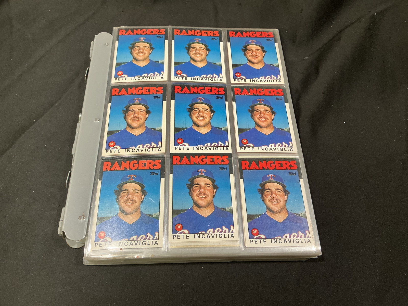 18 Pete Incaviglia Rookies & Baseball Rookie Prospect Binder: Large baseball trading card binder centered on rookie and prospect-era cards from the late 1980s and early 1990s, with substantial duplication across Topps, Score, Fleer, Donruss, Upper Deck,