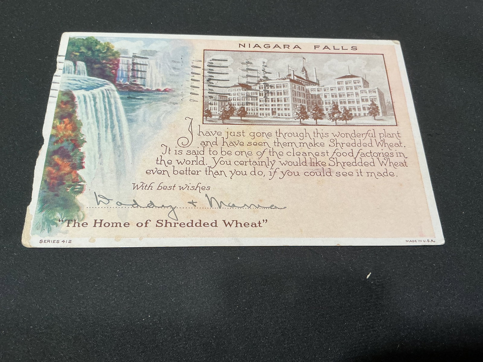 1933 Niagara Falls Shredded Wheat Postcard: Featured again, this vintage 1933 Niagara Falls postcard depicts the Home of Shredded Wheat factory alongside waterfall imagery. Postmarked July 27, 1933, it retains a handwritten message and