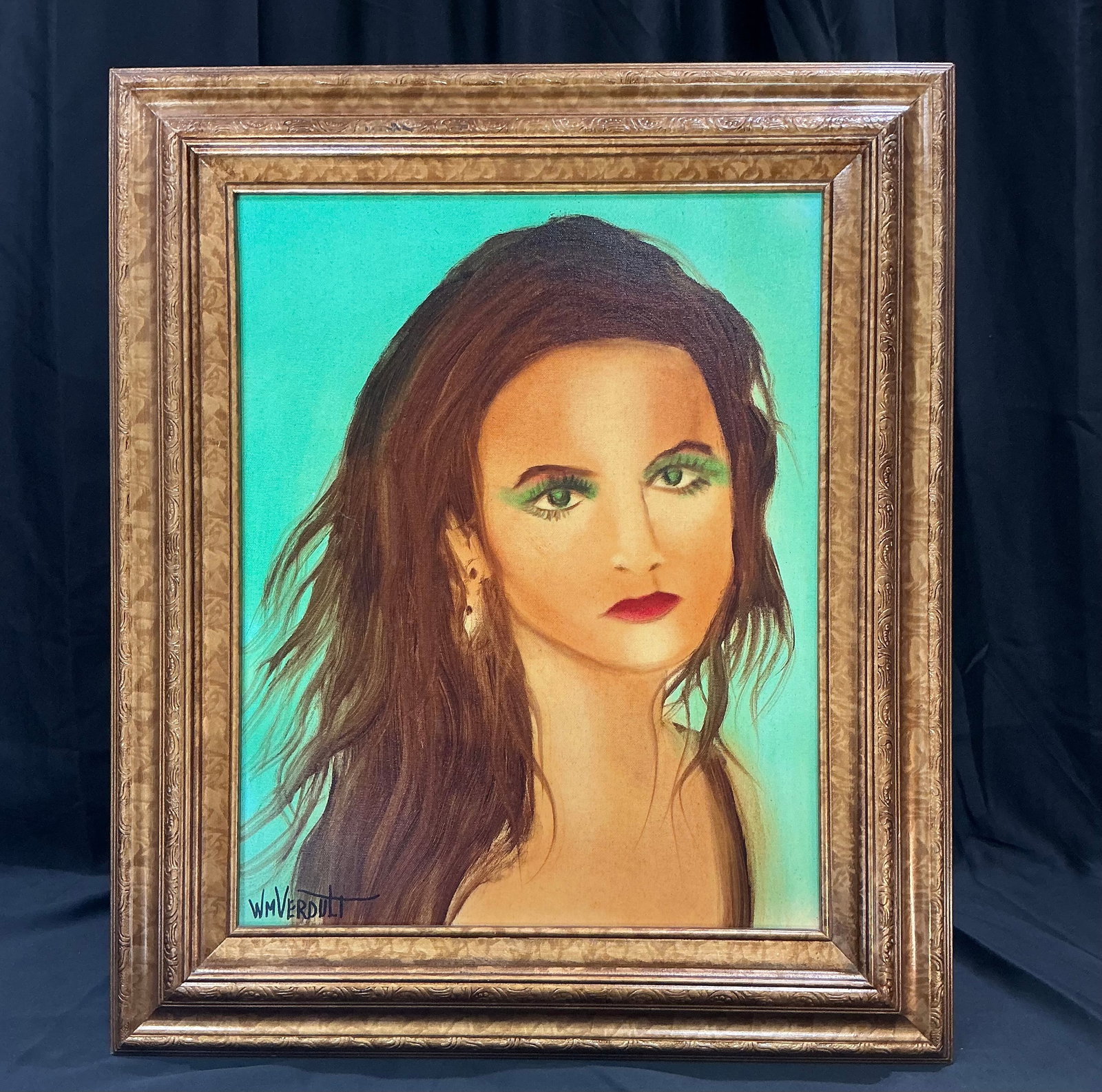 Young Mistress by William Verdult: Original oil painting on canvas by noted Dutch-American artist William Verdult (1939–2016), titled 'Young Mistress.' This alluring portrait depicts a brunette woman with emerald-green eyes and