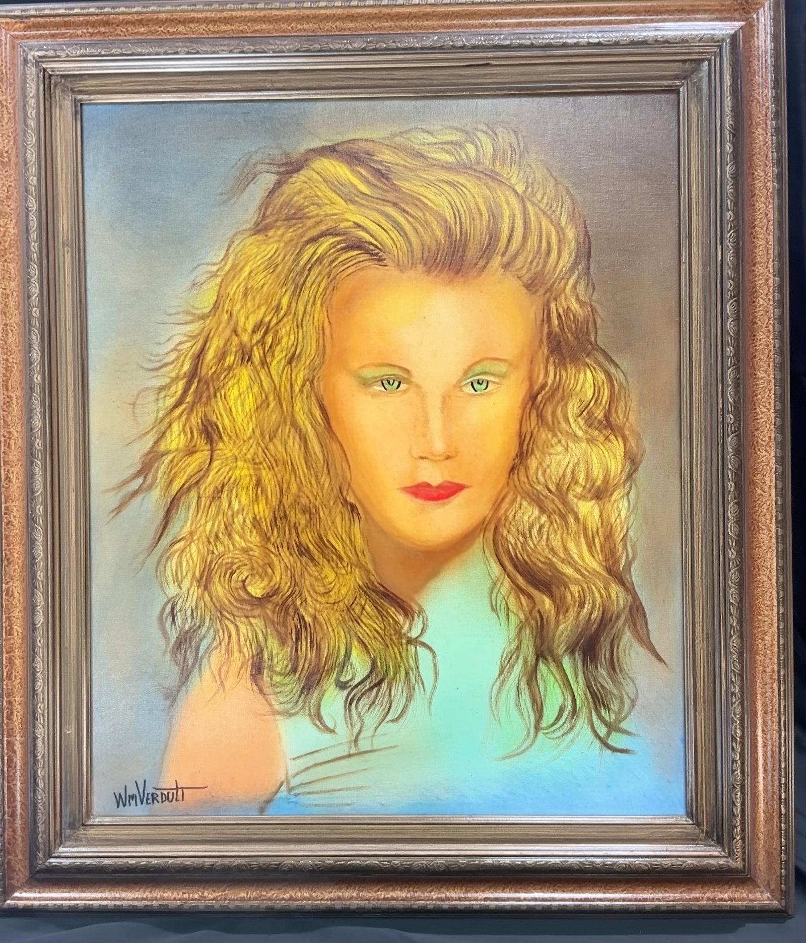 William Verdult Lady Lotta Original Oil Portrait: Making another appearance, this original oil painting on canvas by Dutch-American artist William Verdult (1939–2016), titled 'Lady Lotta,' depicts a blonde woman with flowing golden hair, emerald-gr