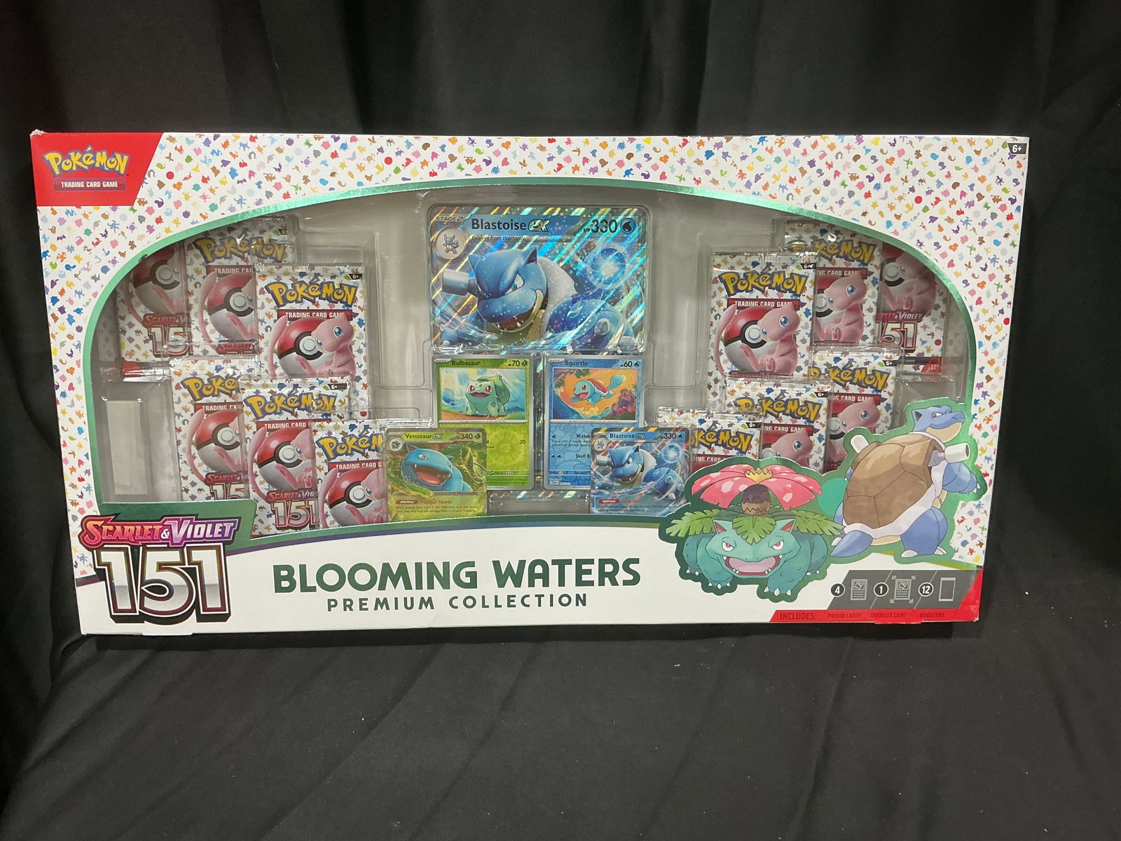 Pokemon 151 Blooming Waters Premium Collection: Featured again for collectors of the original Kanto Pokemon, this factory sealed Pokemon Scarlet & Violet 151 Blooming Waters Premium Collection includes Venusaur ex, Blastoise ex, Bulbasaur, Squirtle
