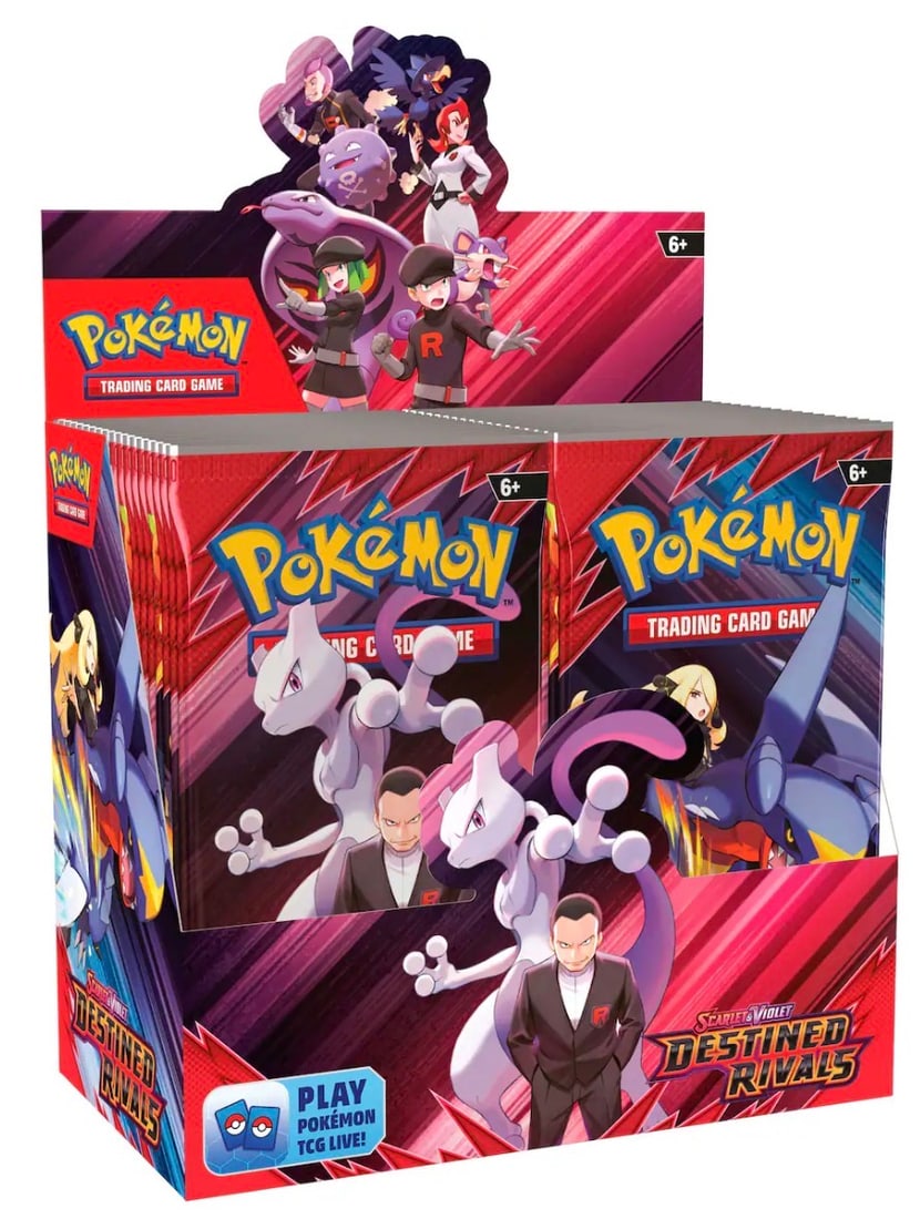 Pokemon Destined Rivals 36-Pack Booster Box: Featured again as a major sealed Pokemon offering, this factory sealed Scarlet & Violet Destined Rivals Booster Display Box contains 36 booster packs. Team Rocket and Mewtwo-themed graphics give the