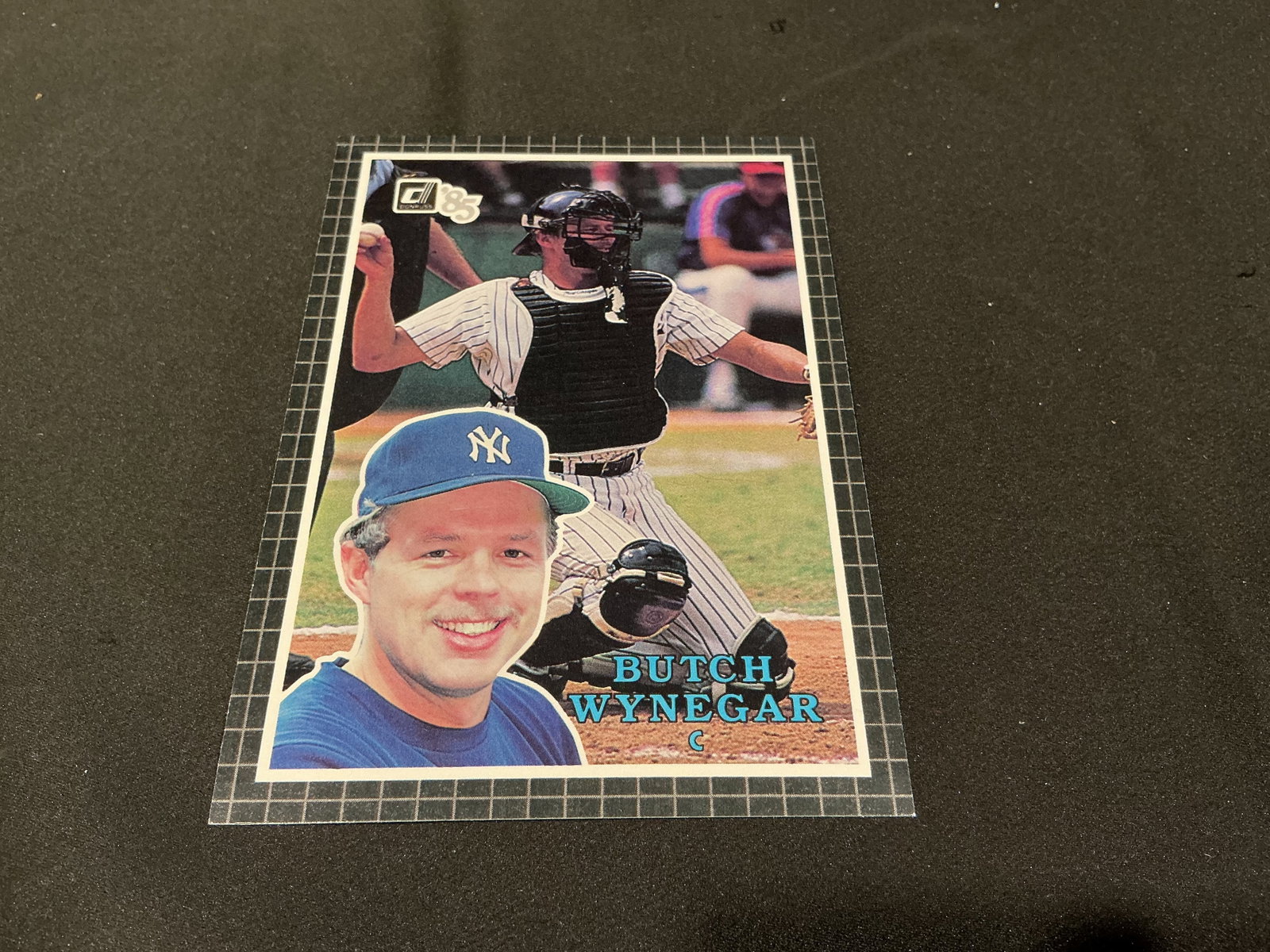 1985 Donruss Butch Wynegar #45 Jumbo Card: First time offered as this individual jumbo card, this 1985 Donruss Butch Wynegar #45 features the New York Yankees catcher in an oversized two-image design. The reverse identifies him as Harold