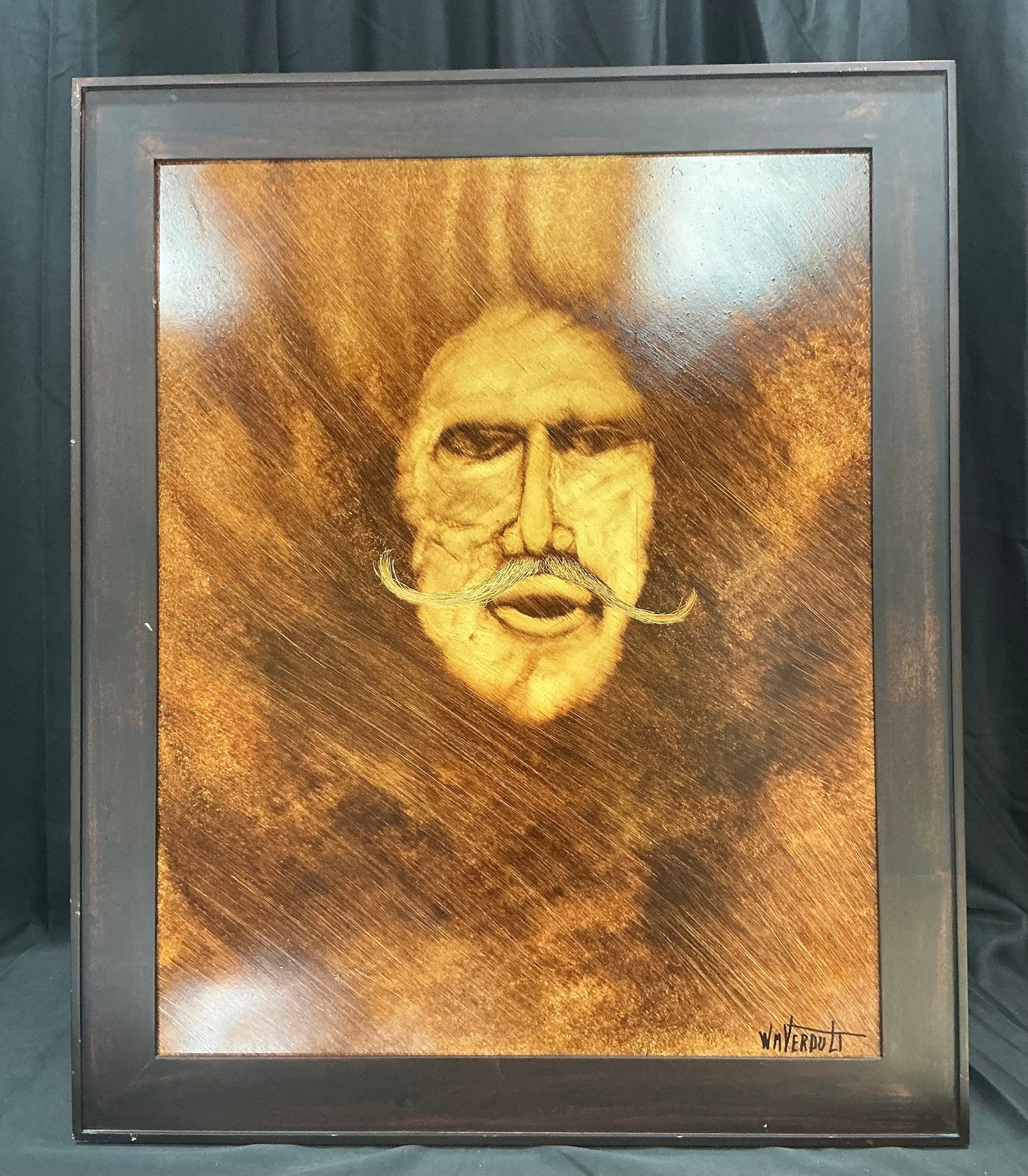 William Verdult Mystical Man Abstract Portrait: A dramatic William Verdult portrait enters the lineup with this framed stylized work titled 'Mystical Man,' depicting a male figure emerging from a radiant abstract background. Executed in warm sepia
