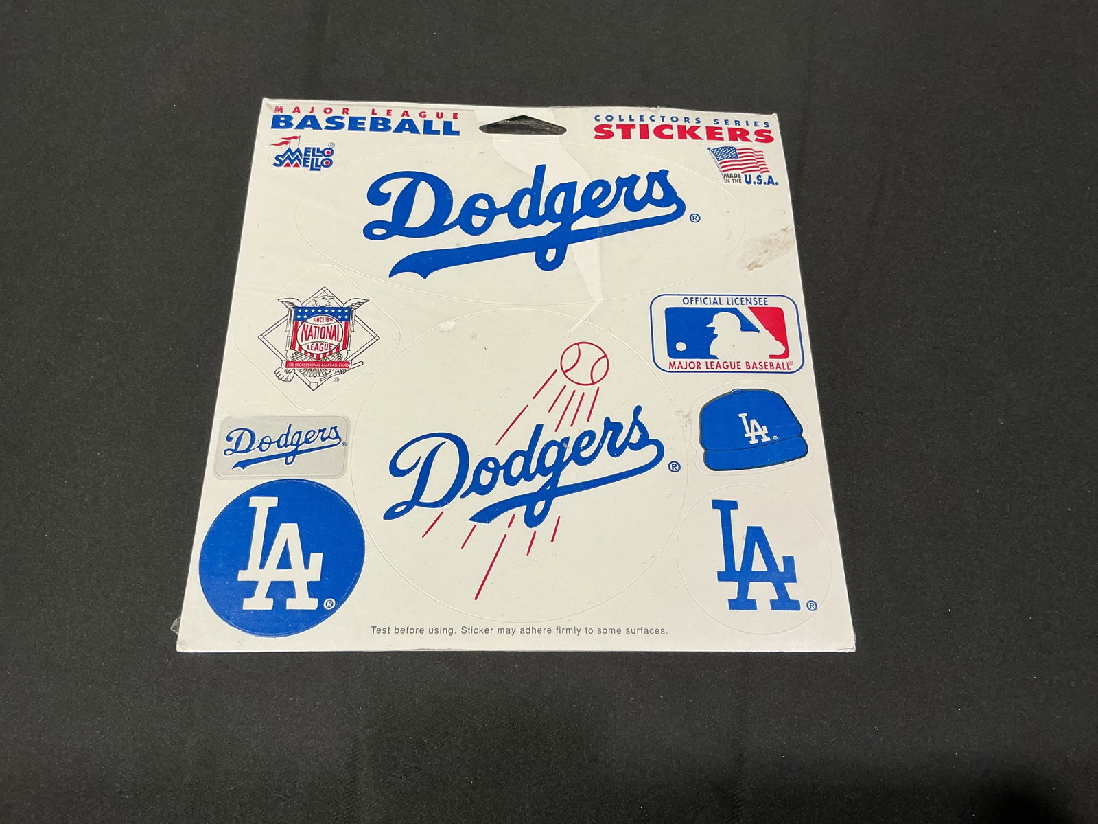 Vintage Los Angeles Dodgers MLB Collector Stickers: Vintage Major League Baseball Collectors Series sticker sheet featuring the Los Angeles Dodgers, produced by Mello Smello as an officially licensed MLB product and made in the USA. The unused sheet