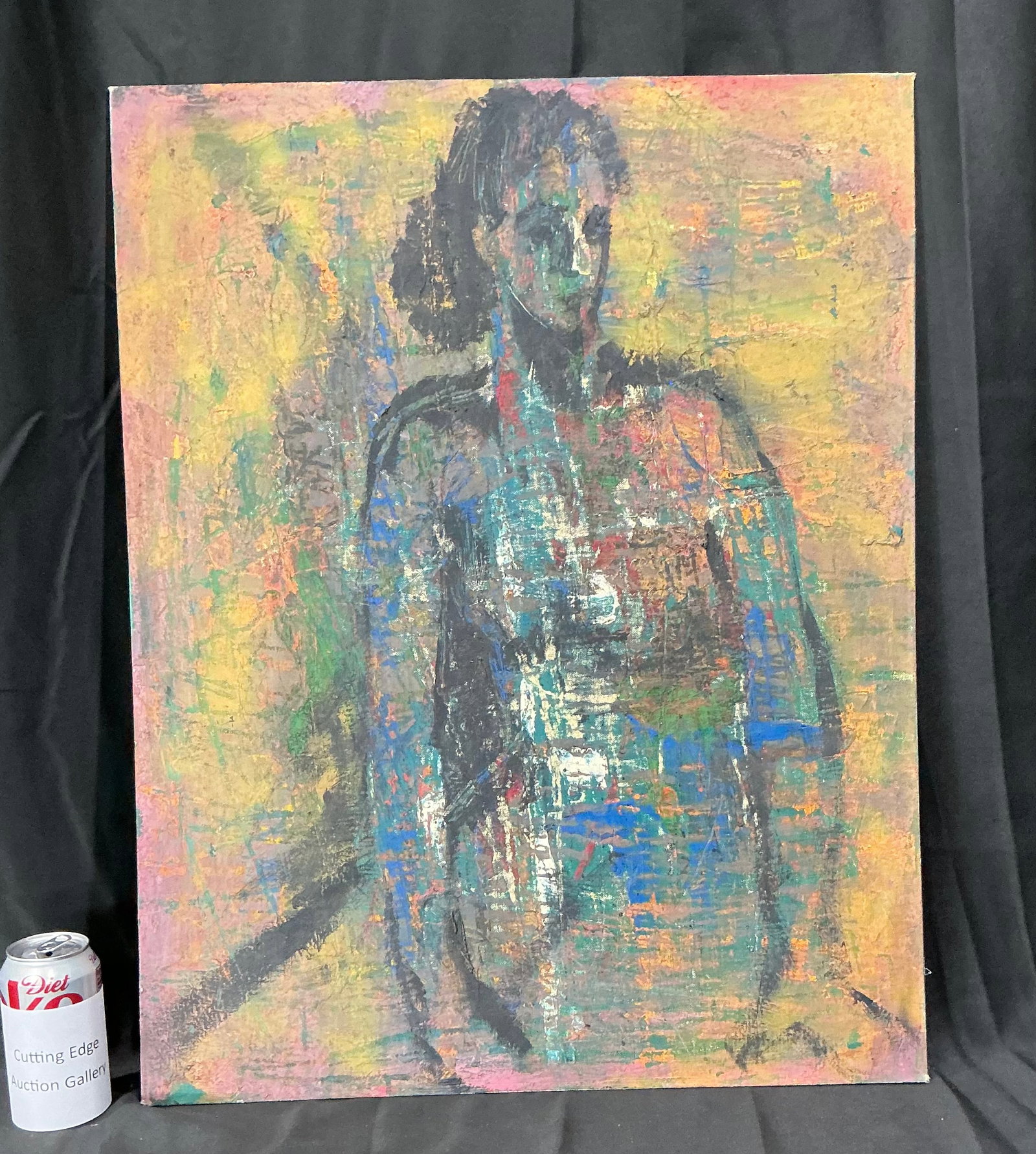 Abstract Figurative Painting Expressionist Female Form Mixed Color Palette: Original abstract figurative painting depicting a female form rendered in layered, expressive brushwork and bold color application. Composition features heavy texture and overlapping tones of blue,